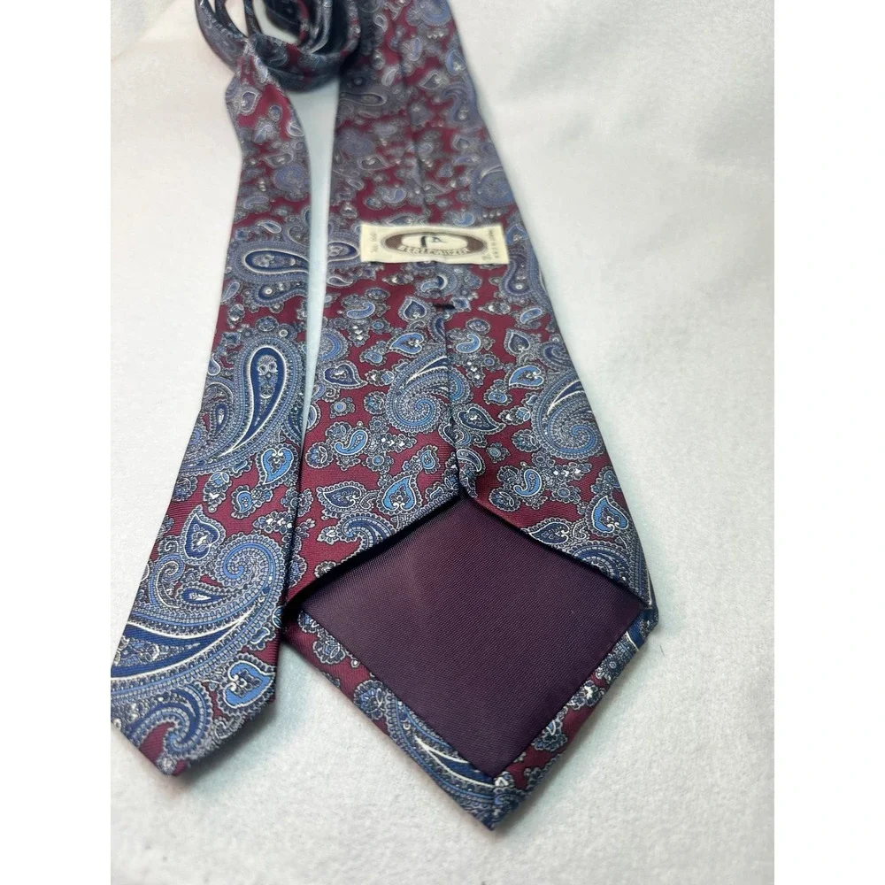 Bert‎ Pulitzer Mens Silk Paisley Tie Burgundy Blue Silver Made in USA Classic
